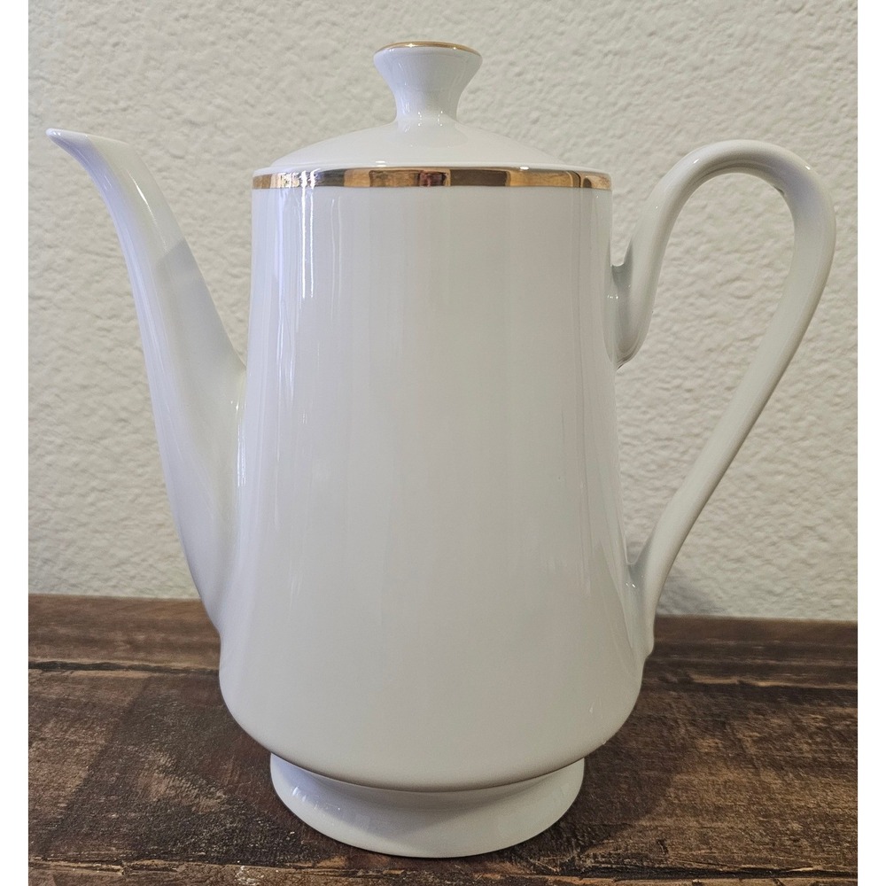 Gibson Housewares White China Tea Coffee Pot with Lid Gold Trim Everyday Gibson